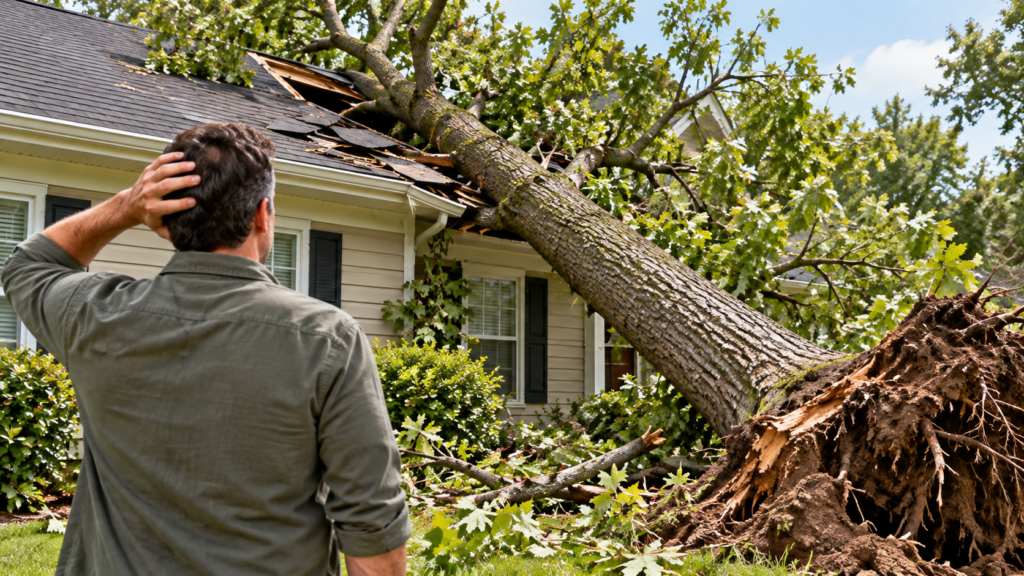 Homeowner inspecting a fallen tree damaging the roof of a house after a storm, illustrating home insurance coverage for tree removal in Pennsylvania.