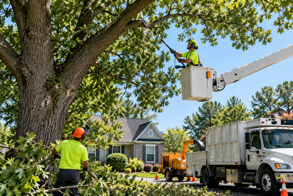 Tree care crew selectively pruning an oak tree at a Pennsylvania home.