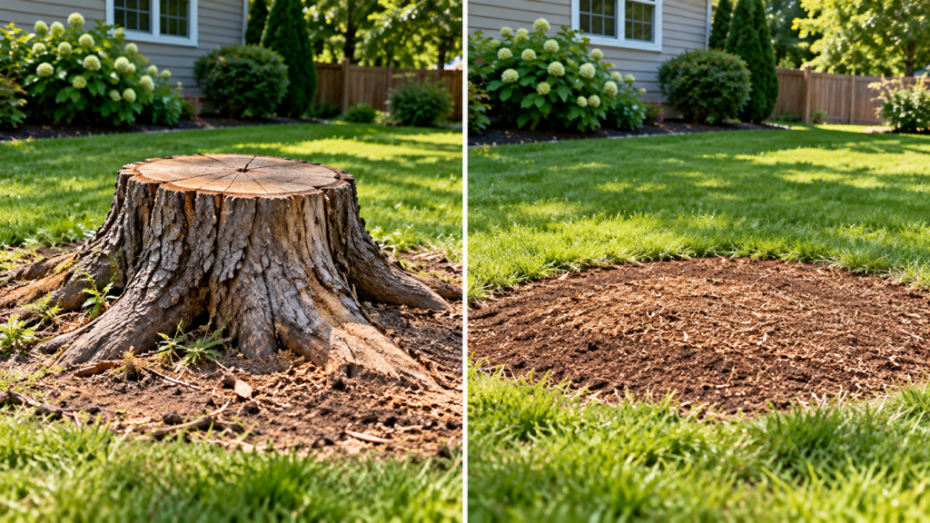 Before-and-after comparison of tree stump grinding in a Pennsylvania backyard, showing a large tree stump before removal and a level, freshly mulched area afterward.