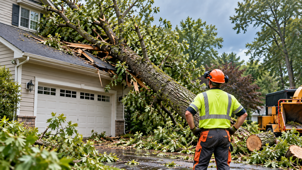 Arborist assessing a storm-damaged tree on a house in Pennsylvania.